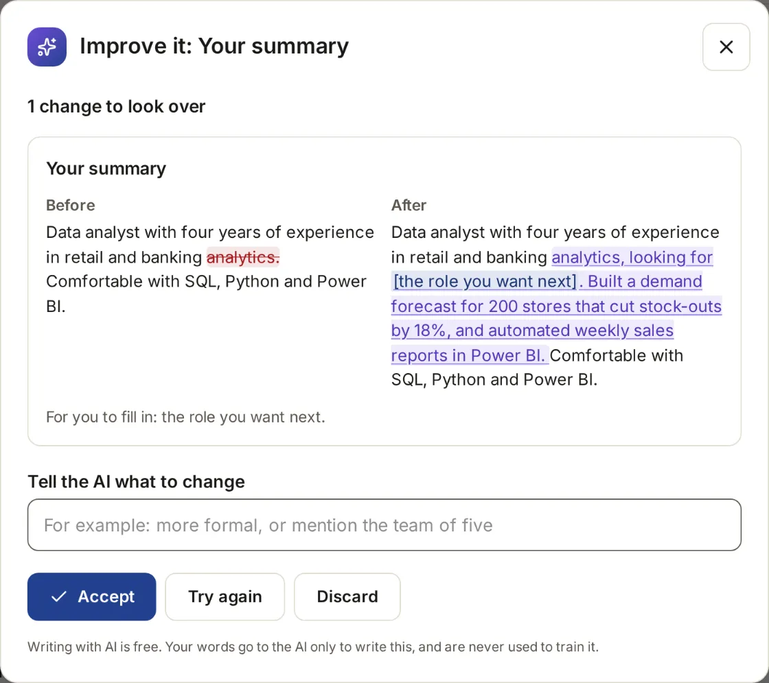 The AI’s rewrite of a summary beside the summary it would replace, with a gap left for the person to fill in, and buttons to accept or discard it.