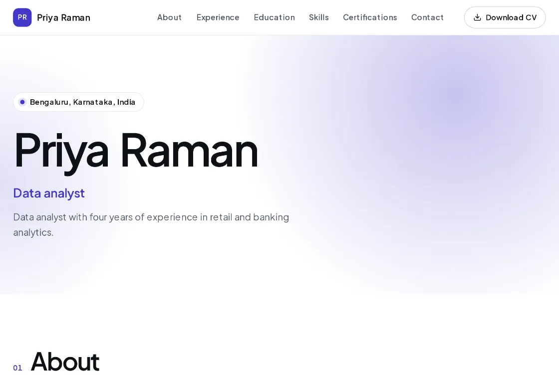 A website made from a sample CV: the person’s name, job title and introduction, links to each section, and a button to download the CV.