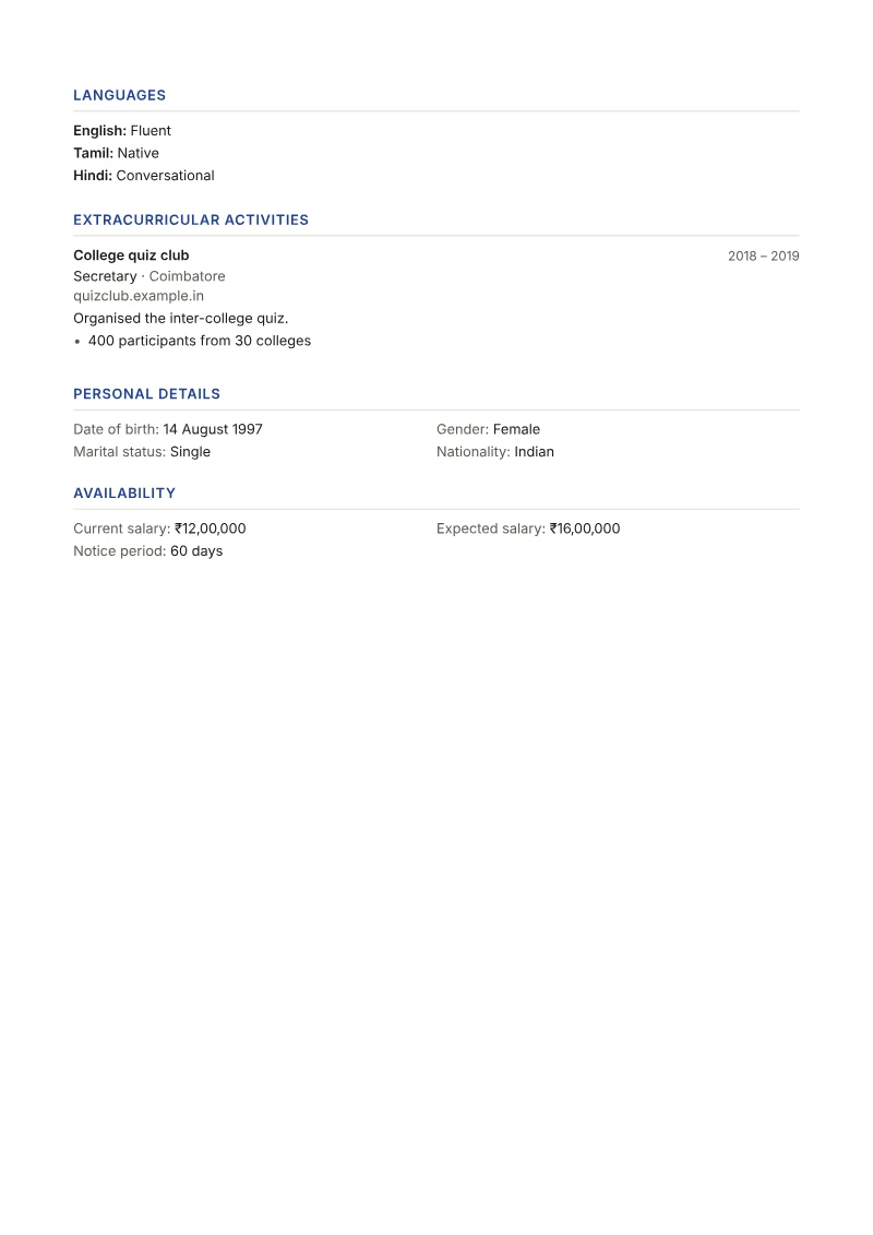 Page 2 of a sample CV in the Clarity template