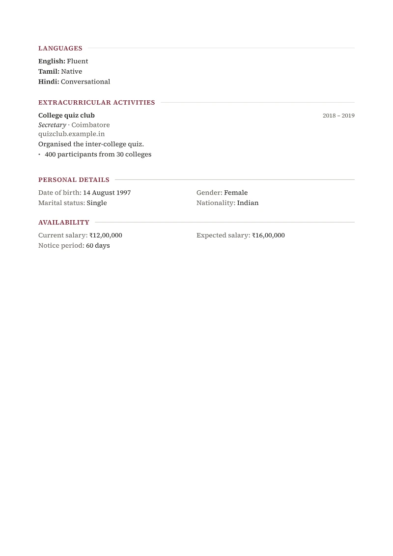 Page 2 of a sample CV in the Classic template