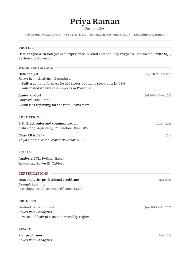 Page 1 of a sample CV in the Classic template