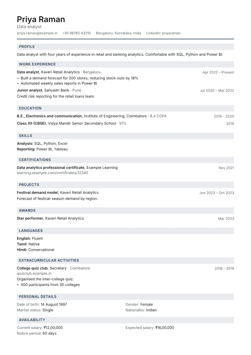 Page 1 of a sample CV in the Compact template