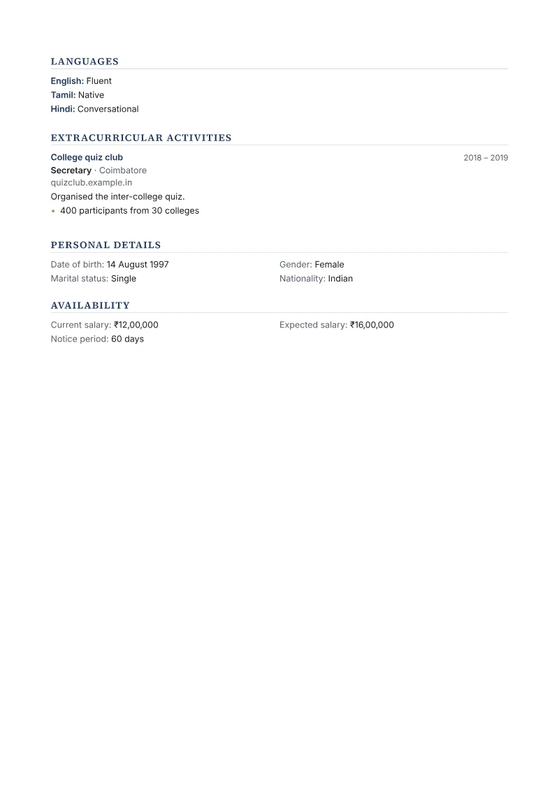 Page 2 of a sample CV in the Executive template