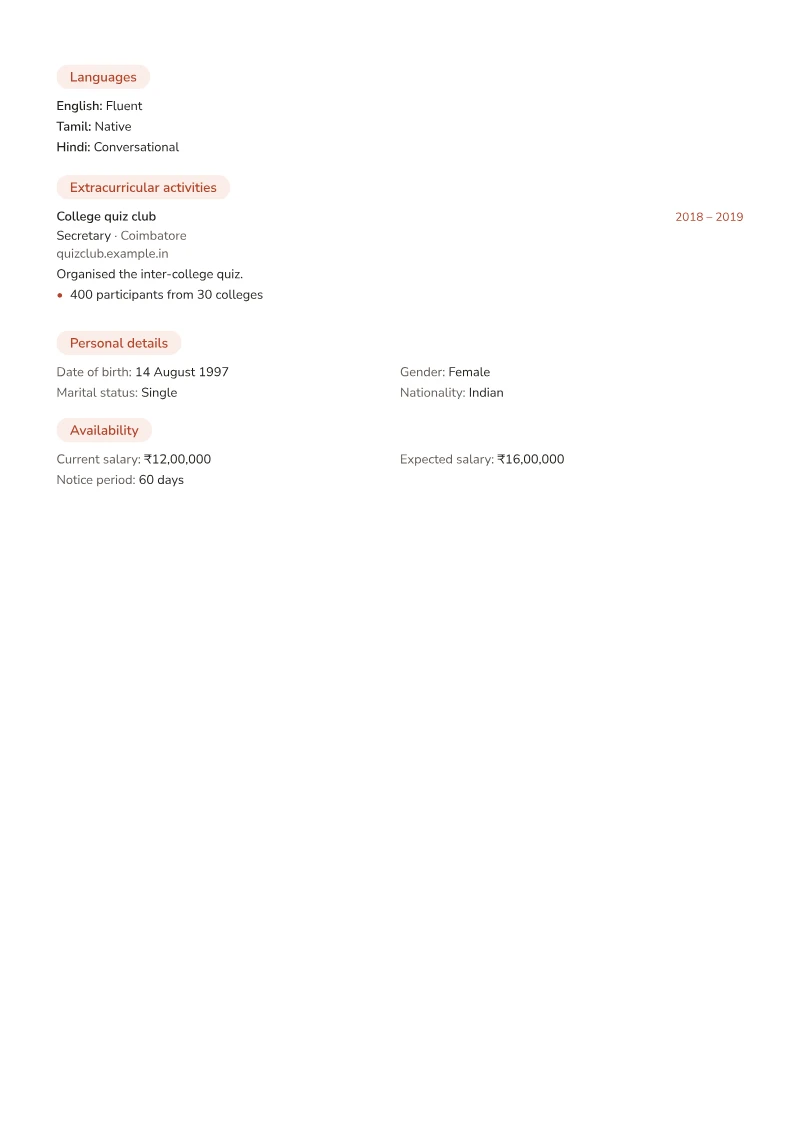 Page 2 of a sample CV in the Fresh template