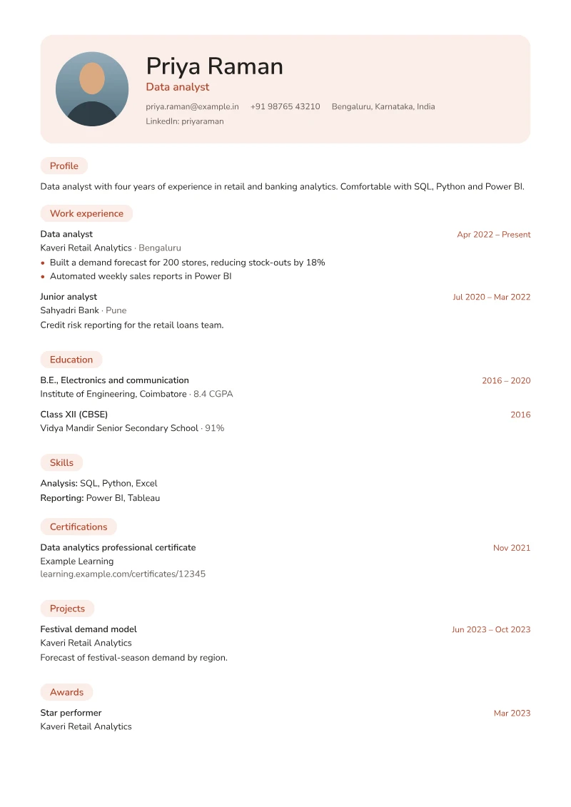 Page 1 of a sample CV in the Fresh template
