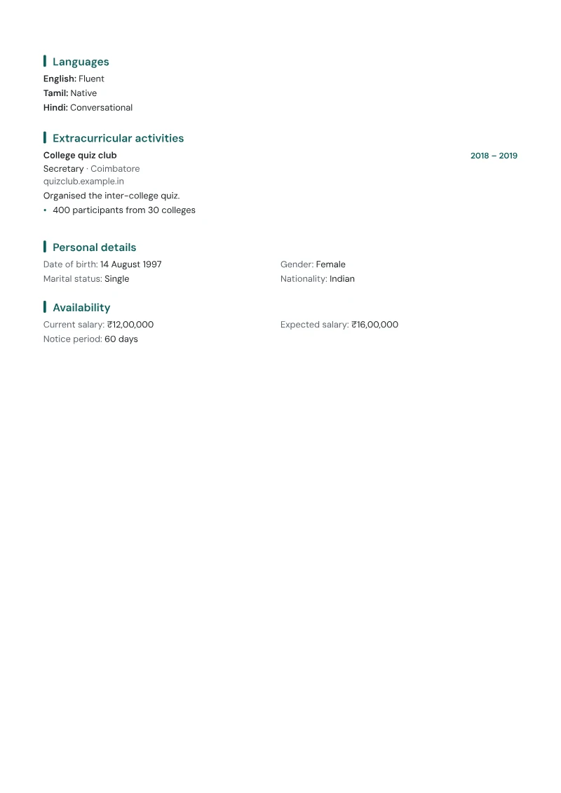 Page 2 of a sample CV in the Modern template