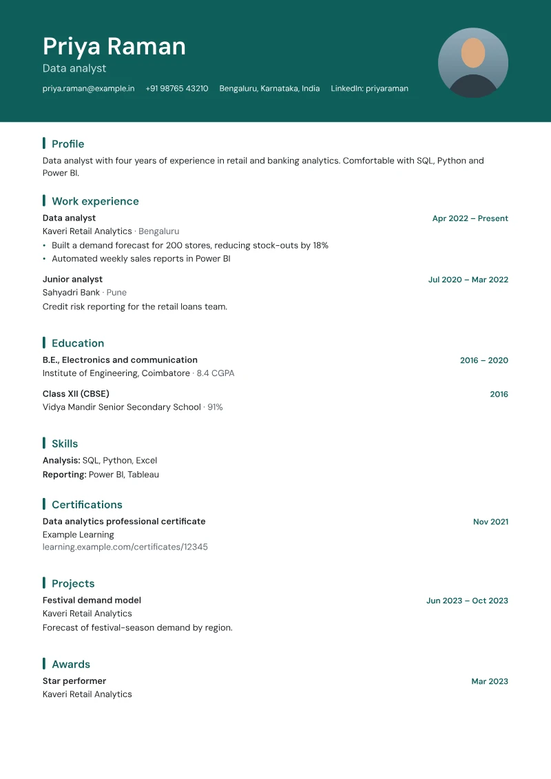 Page 1 of a sample CV in the Modern template