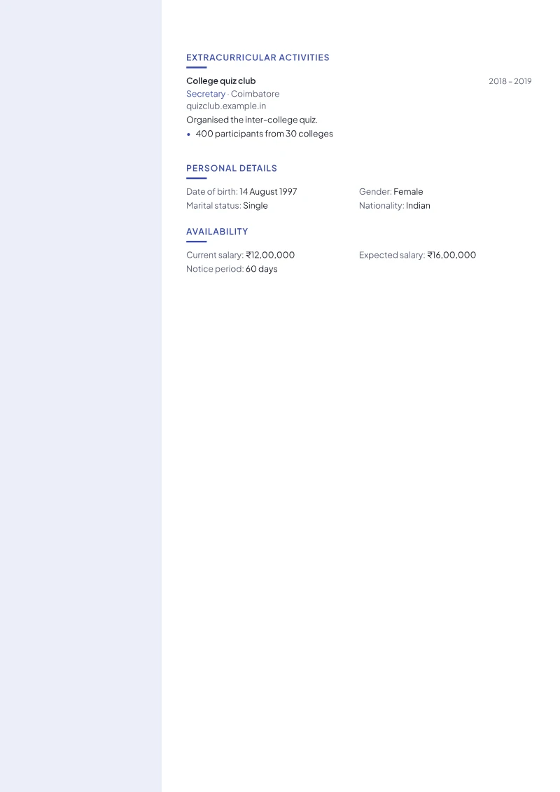 Page 2 of a sample CV in the Studio template