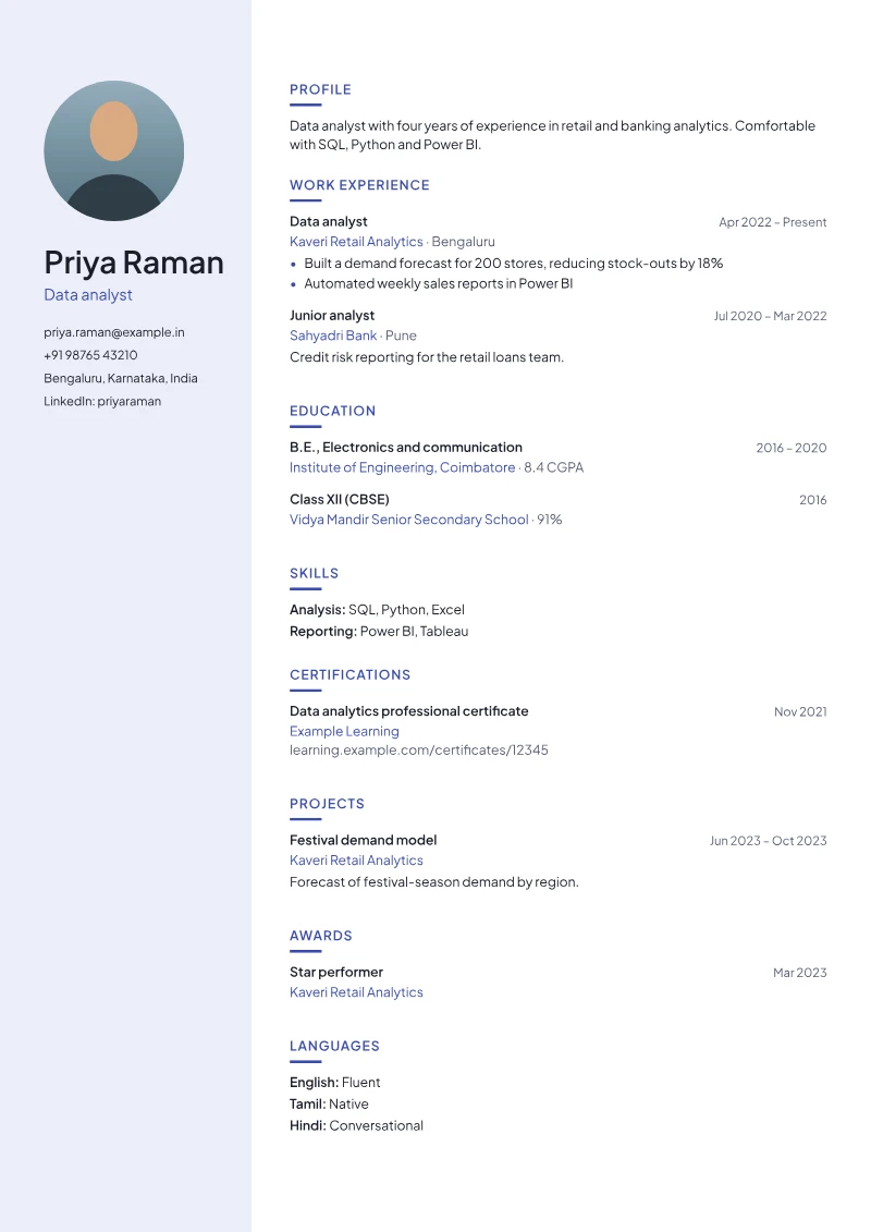 Page 1 of a sample CV in the Studio template